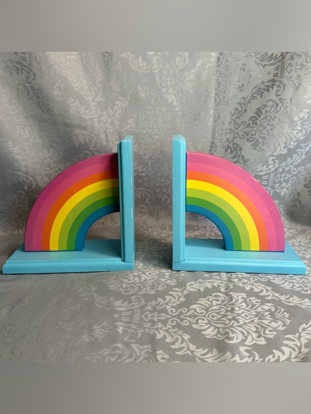 Wooden Rainbow Bookends 2pc MCM Art Deco whimsical 8”